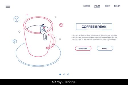 Kaffeepause - Line Design Stil isometrische Web Banner Stock Vektor