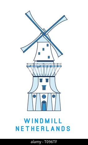 Line Art Windmühle auf weißem Hintergrund, Niederlande Symbol, Vector Illustration im flachen Stil. Stock Vektor