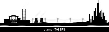 Schwarze Silhouette von Kernkraftwerken und Megalopolis. Erzeugung und Übertragung von Strom. Strahlung und Gefahr, die mit ihr verbunden sind. Stock Vektor