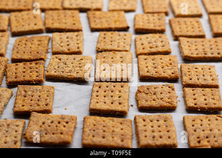 Hausgemachte gebackene Parmesan Imbiss konnte Cracker mit Rosmarin Stockfoto