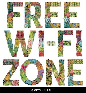 Handgemalte Kunst Design. Hand gezeichnet Abbildung FREE WI-FI Zone für die Dekoration Stock Vektor