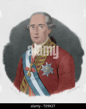 Jose Moñino y Redondo, 1 Graf von Floridablanca (1728-1808). Spanische Staatsmann. Die Lithographie. Zeichnung von Llanta. Später Färbung. Cronica de España, Historia y Ilustrada Descriptiva de Sus Provincias. Murcia, 1870. Stockfoto