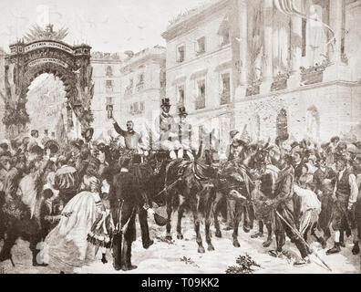 Der Eingang von General Prim in Barcelona, Spanien im Jahre 1860. Juan Prim y Prats, 1 Marquis von los Castillejos, 1 Graf von Reus, 1st Viscount von El Bruch, Grande von Spanien, 1814 - 1870. Spanische General, Staatsmann und Premierminister von Spanien. Von Ilustracion Artistica, veröffentlicht 1887. Stockfoto