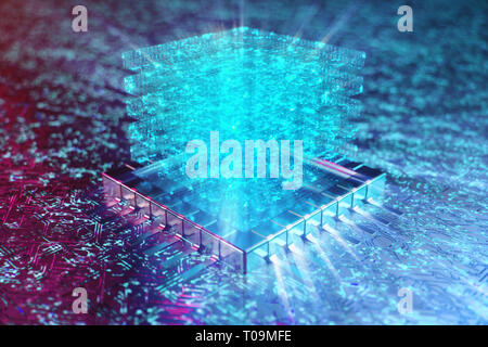 AI - künstliche Intelligenz Konzept. Hologramm über CPU. Maschinelles Lernen. Zentralen Computer Prozessoren auf der Platine mit den leuchtenden Spuren. Enc Stockfoto