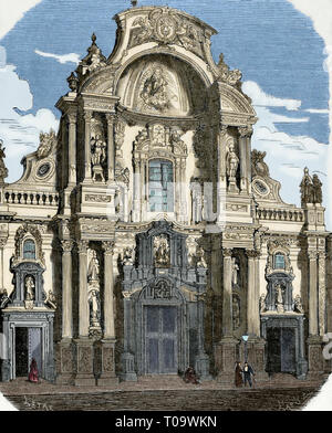 Spanien. Murcia. Kathedrale. Hauptfassade, Barock, 1737-1754. Zeichnung von Letre. Kupferstich von capuz. Später Färbung. Cronica de España, Historia y Ilustrada Descriptiva de Sus Provincias. Murcia, 1870. Stockfoto