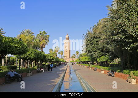 Koutoubia Moschee (Westseite) von Lalla Hasna Park, Medina, Marrakesch, Marrakesh-Safi region, Marokko, Nordafrika Stockfoto