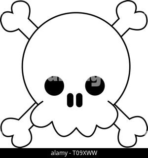 Totenkopf mit Knochen kawaii Karikatur in schwarz und weiß Stock Vektor