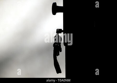 Potsdam, Deutschland. 13 Mär, 2019. Eine Taste auf ein Bündel von Schlüsseln ist in einer vorderen Tür klemmt. Foto: Ralf Hirschberger/dpa-Zentralbild/ZB/dpa/Alamy leben Nachrichten Stockfoto