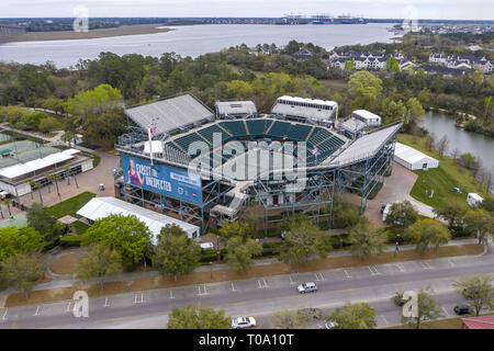 Daniel Island, South Carolina, USA. 16 Mär, 2019. März 16, 2019 Daniel Island, South Carolina, USA: Luftaufnahmen der Volvo Car Open Stadion in Daniel Insel, Sc. (Bild: © Walter G Arce Sr Aspdrones/ASP) Stockfoto