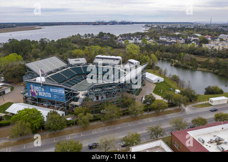 Daniel Island, South Carolina, USA. 16 Mär, 2019. März 16, 2019 Daniel Island, South Carolina, USA: Luftaufnahmen der Volvo Car Open Stadion in Daniel Insel, Sc. (Bild: © Walter G Arce Sr Aspdrones/ASP) Stockfoto