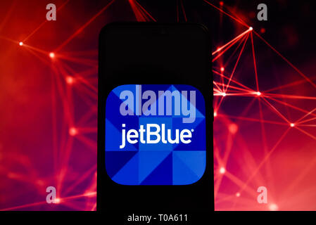 Porto, Portugal. 19 Mär, 2019. Jet Blue Logo ist auf ein Android Mobiltelefon gesehen. Credit: Omar Marques/SOPA Images/ZUMA Draht/Alamy leben Nachrichten Stockfoto