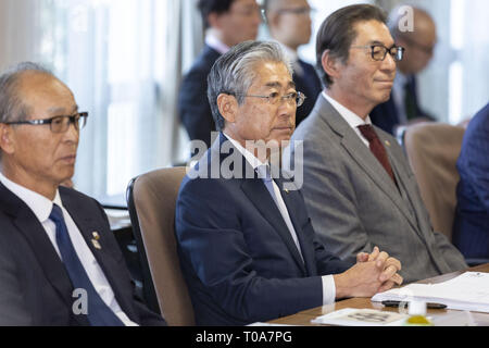 Tokio, Japan. 19 Mär, 2019. Tsunekazu Takeda Präsident der Japanischen Olympischen Komitee (JOC) nimmt an einem Board Directors Meeting in Tokio. Takeda wird erwartet, als Mitglied des Internationalen Olympischen Komitees aufgrund von Ermittlungen bei Verdacht auf Korruption in Tokio 2020 Spiele Angebot verbunden, zurückzutreten. Credit: Rodrigo Reyes Marin/ZUMA Draht/Alamy leben Nachrichten Stockfoto