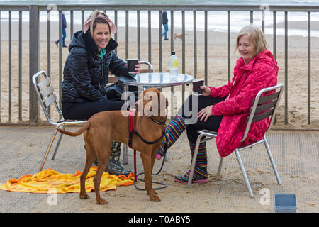 Bournemouth, Dorset, Großbritannien. 19. Mär 2019. UK Wetter: bewölkt und bedeckt mit etwas Nieselregen und einer kurzen Zauber der Sonnenschein in Bournemouth Strände, als Besucher venture zum Meer. Credit: Carolyn Jenkins/Alamy leben Nachrichten Stockfoto