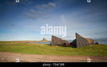 Umgedrehten Hering Boote verwendet als Lagerschuppen auf der Insel von Lindisfarne (Heilige Insel) auf der Northumbrian Küste im Norden von England, UK, GB. Stockfoto