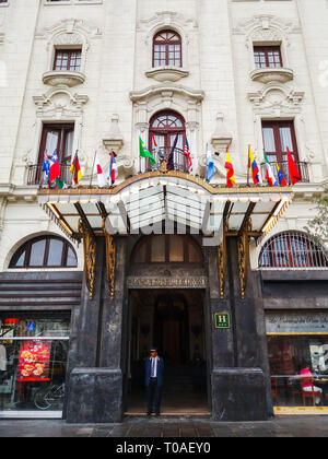 Lima, Peru, 24. Januar 2018: Gran Hotel Bol var, dieses tolle Hotel aus den 1920er Jahren, das ist ein historisches Denkmal, ist 2 Gehminuten vom Plaza San Mart n. Stockfoto