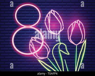 8. märz Tulip Blumen Neon Licht. Vintage board. Glühende Bouquet. Glänzend Neon Light Poster, Flyer, Banner, Postkarte, Einladung. Vector 3d-Darstellung Stock Vektor