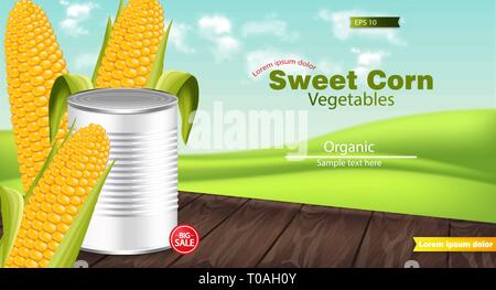 Vektor realistische Metalldose. Produkt Paket mock up. Zuckermais Hintergrund. 3d Ausführliche Darstellung Stock Vektor