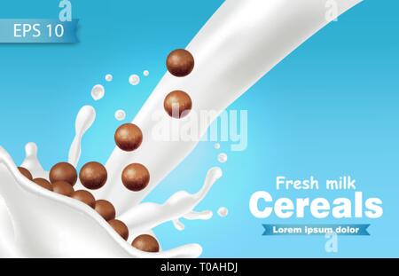 Getreide Schokolade Milch spritzen Vektor realistisch. Blauer Hintergrund 3d detaillierte Effekt Abbildung Stock Vektor