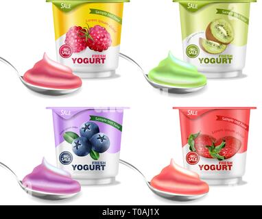 Obst Joghurt Vektor realistisch. Berry, Himbeere und Kiwi Sammlung Stock Vektor