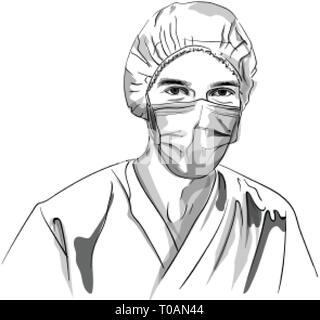 Arzt das Tragen einer Maske Vector Skizze. Storyboard Charakter ausführliche Darstellung Stock Vektor