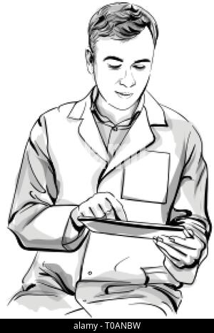 Arzt auf einem Tablet Vektor Skizze Storyboard. Detaillierte Charakter Abbildung Stock Vektor