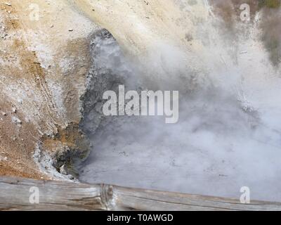 Nahaufnahme der Mund der brodelnde Schlammvulkan mit Dampf aus steigenden im Yellowstone National Park. Stockfoto