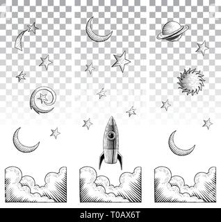 Vector Illustration von Scratchboard Stil Tuschezeichnungen von Sky Elemente Stock Vektor