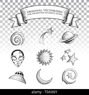 Vector Illustration von Scratchboard Stil Tuschezeichnungen von Raum Symbole Stock Vektor