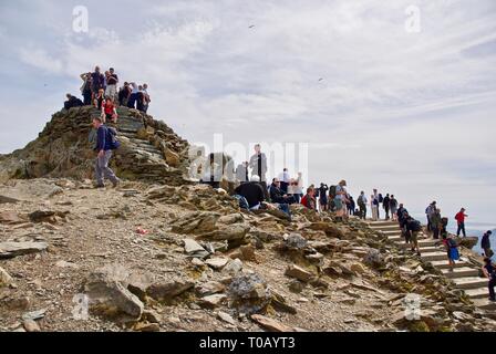 Wanderer versammeln sich auf dem Gipfel des Mount Snowdon, Gwynedd, Wales, Großbritannien Stockfoto