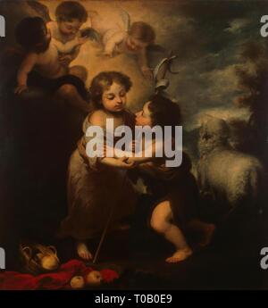 "Baby Jesus und Johannes'. Spanien, die zweite Hälfte der 1650er. Abmessungen: 124 x 115 cm. Museum: Staatliche Eremitage, St. Petersburg. Thema: Bartolome Esteban Murillo. Stockfoto