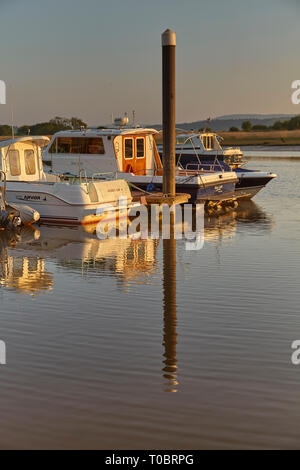 Angelegte Boote in der Abendsonne, an Pontons im Hafen von Brunswick, an der Mündung des Flusses Exe, in der Nähe von Exeter, Devon, Großbritannien. Stockfoto