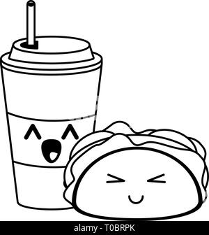 Fast Food Kawaii Karikatur in schwarz und weiß Stock Vektor