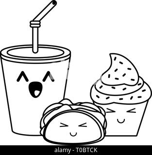 Fast Food Kawaii Karikatur in schwarz und weiß Stock Vektor