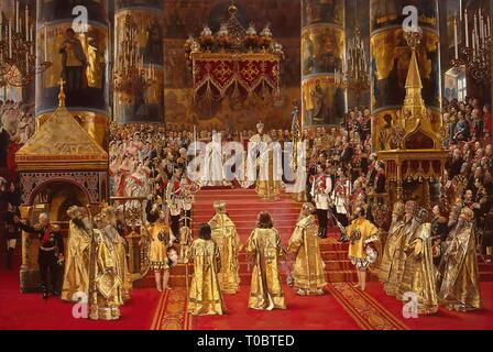 "Krönung der Empreror Alexander III. und Kaiserin Maria Fjodorowna'. Russland, 1888. Abmessungen: 108 x 156 cm. Museum: Staatliche Eremitage, St. Petersburg. Autor: GEORGES BECKER. Stockfoto