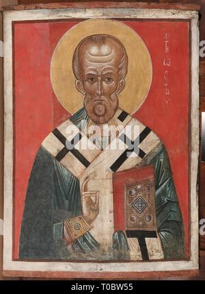 Symbol: St Nicholas'. Russland, 13. - 14. Jahrhundert. Abmessungen: 107 x 82 x 3 cm. Museum: Staatliche Eremitage, St. Petersburg. Thema: russische Ikone. Stockfoto