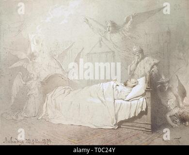 "Alexander III. auf seinem Sterbebett von Engeln mit einem trauernden Jugend Symbolisierung der Romanov-dynastie' umgeben. Serie 'Tod des Alexander III. in Livadia". Russland, 1895. Abmessungen: 23,5 x 31 cm. Museum: Staatliche Eremitage, St. Petersburg. Autor: MIHALY von ZICHY. Mihály Zichy. Stockfoto