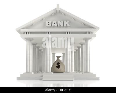 3D-Render von klassischen Bank säulig Gebäude mit Geld Beutel innerhalb von Weiß Stockfoto