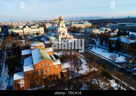 Europa, Bulgarien Sofia, Luftaufnahme der Alexander-Newski-Kathedrale im Winter Stockfoto