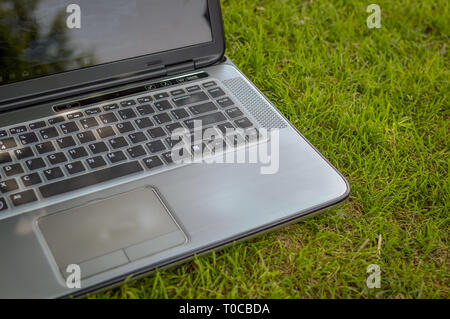 Srinagar, Jammu und Kaschmir, Indien - Stand: Juli 14, 2018: Ein Laptop auf grünem Gras in einem öffentlichen Park gehalten Stockfoto