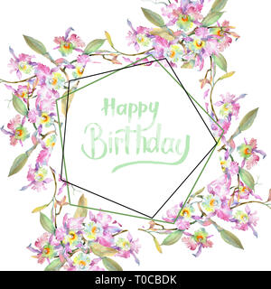 Blumenstrauß aus rosa Orchidee. Florale botanischen Blumen. Aquarell Hintergrund Abbildung. Rahmenlinie ornament Quadrat. Stockfoto