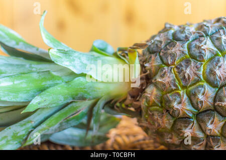 Nahaufnahme einer frischen Ananas auf einen hölzernen Tisch gehalten Stockfoto