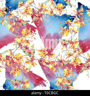 Zweig der gelbe Orchidee. Florale botanischen Blumen. Aquarell Hintergrund Abbildung. Nahtlose Muster. Stockfoto