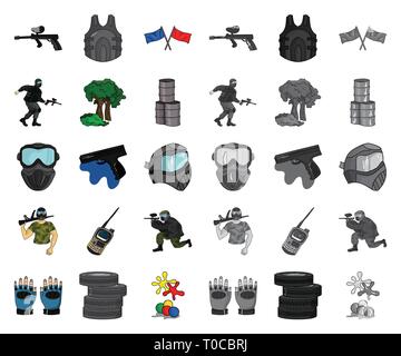 Kunst, Bälle, Fässer, Barricade, blau, Cartoon, Mono, Sammlung, Wettbewerb, Design, Ausstattung, Feld, fingerlose, Fahnen, Spiel, Handschuhe, Granaten, Gewehr, Hand, Handheld, Hobby, Icon, Illustration, isoliert, Logo, Maske, Militär, Outfit, Paintball, Player, Abspielen, Rot, Satz, Zeichen, Sport, Symbol, Team, Reifen, Transceiver, Uniform, Vector, Weste, web Vektor Vektoren, Stock Vektor