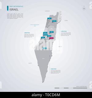 Israel Vektorkarte mit infografik Elemente, Zeiger markiert. Editierbare Vorlage mit Regionen, Städte und die Hauptstadt Jerusalem. Stock Vektor