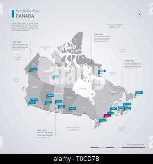 Kanada Vektorkarte mit infografik Elemente, Zeiger markiert. Editierbare Vorlage mit den Regionen, Städten und der Hauptstadt Ottawa. Stock Vektor