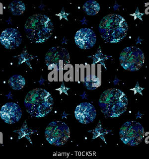 Platz nahtlose Muster auf einem schwarzen Hintergrund mit Sternen, Planeten, Galaxien. Stars gegen den Nachthimmel. Stockfoto