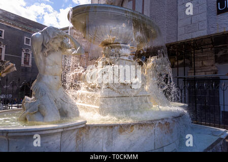 Brunnen Amenano und Marmor Skulpturen über die unterirdischen Flusses im Zentrum von Catania in Sizilien, Italien. Stockfoto