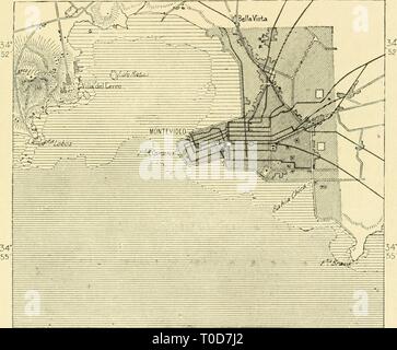 Die Erde und ihre Bewohner der Erde und ihrer Bewohner.. earthitsinhabita 293 recl Jahr: 1893 Topographie von Uruguay. 837 Militär Post, die Portugiesen, die Drohten die östlichen Ufer der Mündung zu ergreifen. Die ersten Kolonisten aus Galizien und die Kanarischen Inseln in 1726 angekommen und gruppiert sich um die kleine Festung. Dann die Abschaffung des Handelsmonopols von Cadiz, in 1778, die durch die Öffnung des Hafens von Monte Video zum Freihandel gefolgt, auf einmal zogen zahlreiche Siedler, und am Ende des Jahrhunderts der neue Seehafen bereits nahm den ersten Platz unter den Marit Stockfoto