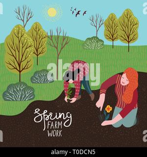 Der Frauen auf einem Garten gepflanzt ein sämling Blumen im Boden. Vector Illustration in süßen Flat Style Stock Vektor