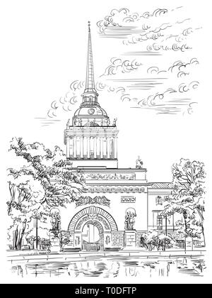 Stadtbild von Admiralty Building, Sankt Petersburg, Russland. Vorderansicht des Old Admiralty Building aus dem Garten. Isolierte vektor Handzeichnung illustratio Stock Vektor